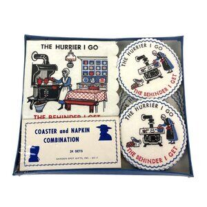 The Hurrier I Go The Behinder I Get Napkin & Coaster Set, NEW Sealed Vintage